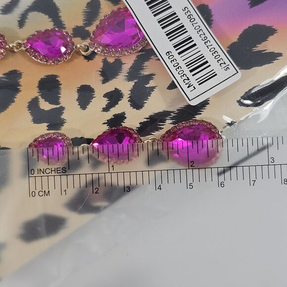 Triple Teardrop Fuchsia Crystal Statement Dangle Earrings, Gold Tone Metal - Picture 6 of 6